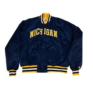 VTG 80s Starter Michigan Varsity  Jacket Men XL Blue Yellow Satin Quilted USA